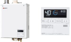 ノーリツ製の石油給湯器本体と、40℃表示の浴室リモコンを並べた製品イメージ