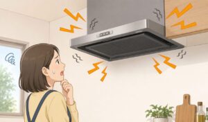 レンジフードから異音が発生し、不安そうな表情で見上げる女性のイメージイラスト。キッチン内で換気扇が振動し、「ゴー」「ブォー」といった異常音を連想させる演出が描かれている。