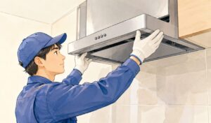 レンジフードを交換するため、新しいステンレス製レンジフードを取り付けている作業員の様子を描いたイラスト。キッチン内で設置作業を行う交換工事のイメージ。