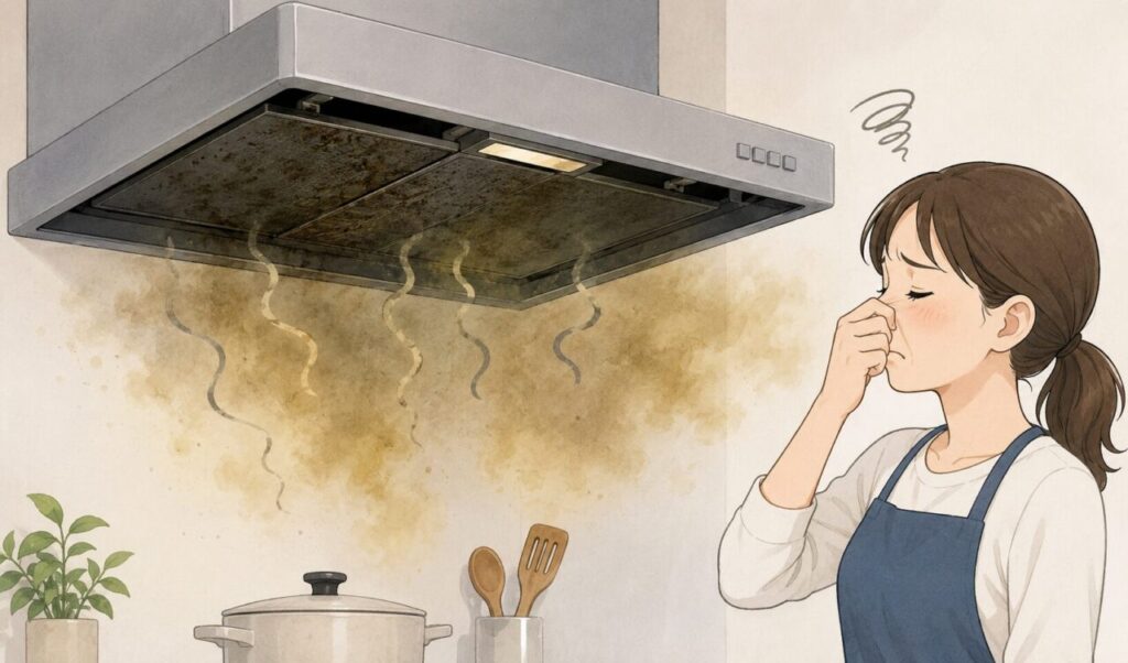 油汚れが蓄積したレンジフードから茶色い臭気が漂い、鼻をつまんで不快そうな表情をする女性がキッチンに立っている様子のイラスト。