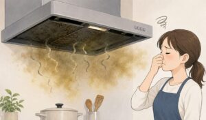 油汚れが蓄積したレンジフードから茶色い臭気が漂い、鼻をつまんで不快そうな表情をする女性がキッチンに立っている様子のイラスト。